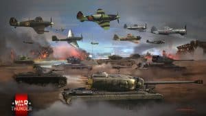 Kampfflugzeuge und Panzer auf einem Schlachtfeld, wer Panzerspiele mag wird an War Thunder nicht herumkommen
