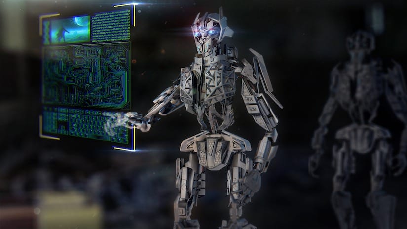 Ein Roboter vor einer digitalen Visualisierung