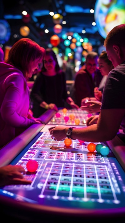 Menschen beim Bingospiel mit farbigen Kugeln