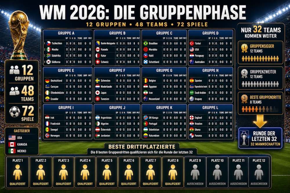 Die Gruppenphase: 12 Gruppen, 72 Spiele